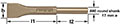 Image of a flat pneumatic scaling chisel with measurements indicated. The chisel has a round shank diameter of 0.680 inches (17 mm). The image also displays three dimensions labeled as l1 (blade length), l2 (shaft length), and b (blade width).  The blade 